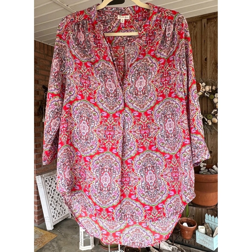 Antilia Femme M Red Multicolor Paisley Tunic Top Boho V Neck 3/4 Sleeve‎ Blouse